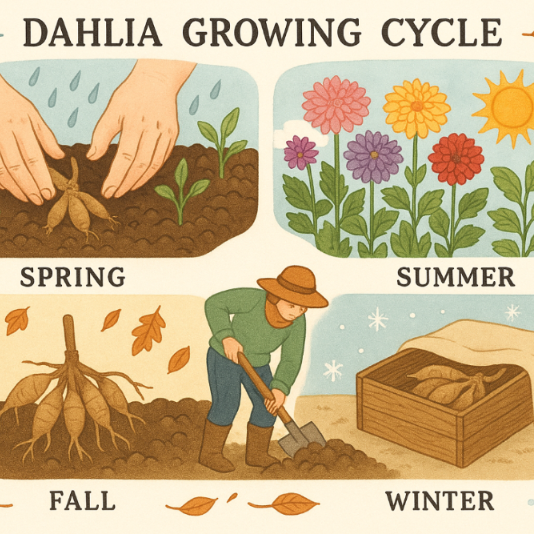 show a calendar type picture that shows dahlia planting time in the spring, growing and blooming in the summer, digging time in the fall, and a dahlia sleeping in the winter.